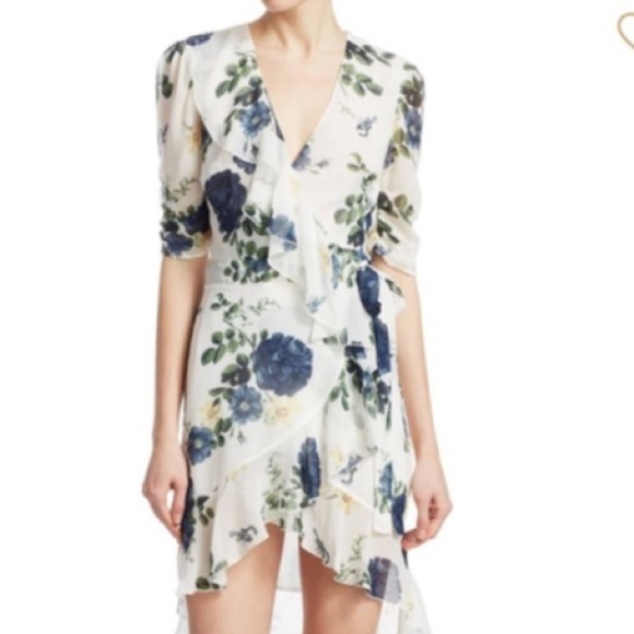 Nicholas Floral Print Ruffle V-Neck Wrap Dress Tie-Back Long Sleeve Size 8 White - Picture 1 of 4